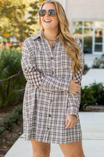 Load image into Gallery viewer, White Stripe Plus Size Plaid Buttoned Raw Hem Tunic Shirt Dress - Fashion Queen - 1