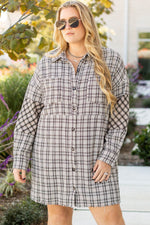 Load image into Gallery viewer, White Stripe Plus Size Plaid Buttoned Raw Hem Tunic Shirt Dress - Fashion Queen - 4