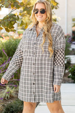 Load image into Gallery viewer, White Stripe Plus Size Plaid Buttoned Raw Hem Tunic Shirt Dress - Fashion Queen - 5