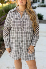 Load image into Gallery viewer, White Stripe Plus Size Plaid Buttoned Raw Hem Tunic Shirt Dress - Fashion Queen - 7