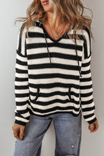 Load image into Gallery viewer, White Stripe V Neck Pocketed Drawstring Hooded Sweater - Fashion Queen - 1