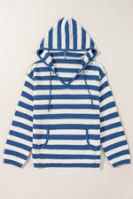 Load image into Gallery viewer, White Stripe V Neck Pocketed Drawstring Hooded Sweater - Fashion Queen - 14