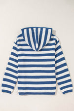 Load image into Gallery viewer, White Stripe V Neck Pocketed Drawstring Hooded Sweater - Fashion Queen - 15