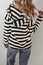 Load image into Gallery viewer, White Stripe V Neck Pocketed Drawstring Hooded Sweater - Fashion Queen - 2