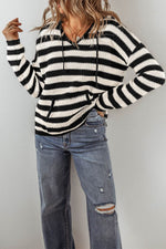Load image into Gallery viewer, White Stripe V Neck Pocketed Drawstring Hooded Sweater - Fashion Queen - 3