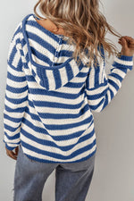 Load image into Gallery viewer, White Stripe V Neck Pocketed Drawstring Hooded Sweater - Fashion Queen - 5