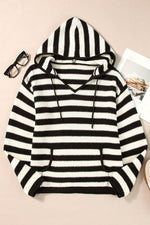 Load image into Gallery viewer, White Stripe V Neck Pocketed Drawstring Hooded Sweater - Fashion Queen - 7