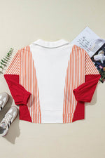 Load image into Gallery viewer, White Striped Color Block Collared V Neck Oversized Sweatshirt - Fashion Queen - 12