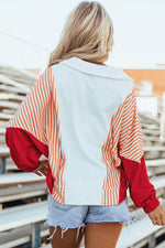 Load image into Gallery viewer, White Striped Color Block Collared V Neck Oversized Sweatshirt - Fashion Queen - 2