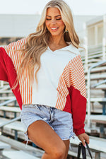 Load image into Gallery viewer, White Striped Color Block Collared V Neck Oversized Sweatshirt - Fashion Queen - 5