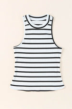 Load image into Gallery viewer, White Striped Print Ribbed O-neck Sleeveless Top - Fashion Queen - 5