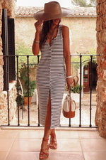 Load image into Gallery viewer, White Striped Print Sleeveless Buttoned Maxi Dress - Fashion Queen - 4