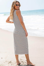 Load image into Gallery viewer, White Striped Print Sleeveless Buttoned Maxi Dress - Fashion Queen - 6