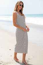 Load image into Gallery viewer, White Striped Print Sleeveless Buttoned Maxi Dress - Fashion Queen - 8