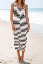 Load image into Gallery viewer, White Striped Print Sleeveless Buttoned Maxi Dress - Fashion Queen - 9