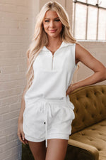 Load image into Gallery viewer, White Textured Half Zip Tank Top Drawstring Shorts Set - Fashion Queen - 7