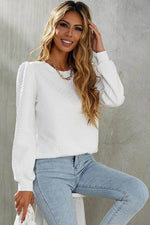 Load image into Gallery viewer, White Textured Puff Long Sleeve Round Neck Top - Fashion Queen - 3