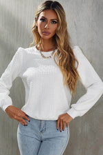 Load image into Gallery viewer, White Textured Puff Long Sleeve Round Neck Top - Fashion Queen - 4