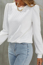 Load image into Gallery viewer, White Textured Puff Long Sleeve Round Neck Top - Fashion Queen - 5