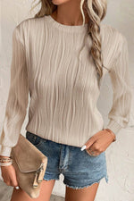 Load image into Gallery viewer, White Textured Wavy Round Neck Long Sleeve Top - Fashion Queen - 26