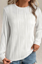 Load image into Gallery viewer, White Textured Wavy Round Neck Long Sleeve Top - Fashion Queen - 3