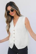 Load image into Gallery viewer, White V Neck Buttoned Sweater Vest - Fashion Queen - 4