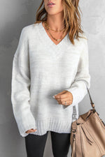 Load image into Gallery viewer, White V neck Drop Shoulder Knitted Sweater - Fashion Queen - 3