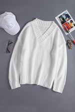 Load image into Gallery viewer, White V neck Drop Shoulder Knitted Sweater - Fashion Queen - 8