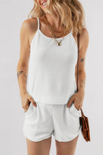 Load image into Gallery viewer, White Waffle Knit Textured Spaghetti Straps Cami and Shorts Set - Fashion Queen - 3