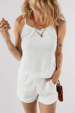 Load image into Gallery viewer, White Waffle Knit Textured Spaghetti Straps Cami and Shorts Set - Fashion Queen - 4