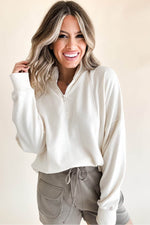 Load image into Gallery viewer, White Zipped Neck Pullover Drop Shoulder Sweatshirt - Fashion Queen - 16