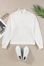 Load image into Gallery viewer, White Zipped Neck Pullover Drop Shoulder Sweatshirt - Fashion Queen - 17
