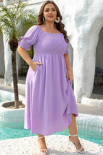 Load image into Gallery viewer, Wisteria Swiss Dot Smocked Frilled Neckline Short Sleeve Plus Size Dress - Fashion Queen - 13