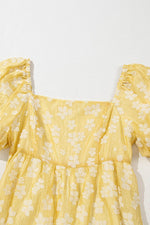 Load image into Gallery viewer, Yellow Boho Flower Jacquard Puff Sleeve Square Neck Mini Dress - Fashion Queen - 10