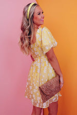 Load image into Gallery viewer, Yellow Boho Flower Jacquard Puff Sleeve Square Neck Mini Dress - Fashion Queen - 2