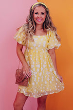 Load image into Gallery viewer, Yellow Boho Flower Jacquard Puff Sleeve Square Neck Mini Dress - Fashion Queen - 3