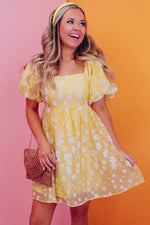 Load image into Gallery viewer, Yellow Boho Flower Jacquard Puff Sleeve Square Neck Mini Dress - Fashion Queen - 4