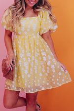 Load image into Gallery viewer, Yellow Boho Flower Jacquard Puff Sleeve Square Neck Mini Dress - Fashion Queen - 5