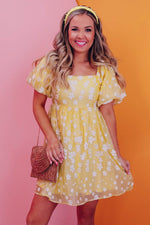 Load image into Gallery viewer, Yellow Boho Flower Jacquard Puff Sleeve Square Neck Mini Dress - Fashion Queen - 7