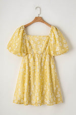 Load image into Gallery viewer, Yellow Boho Flower Jacquard Puff Sleeve Square Neck Mini Dress - Fashion Queen - 8