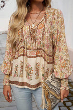 Load image into Gallery viewer, Yellow Floral Print Tie Neck Lantern Sleeve Blouse - Fashion Queen - 1