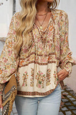 Load image into Gallery viewer, Yellow Floral Print Tie Neck Lantern Sleeve Blouse - Fashion Queen - 4