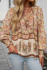 Load image into Gallery viewer, Yellow Floral Print Tie Neck Lantern Sleeve Blouse - Fashion Queen - 5