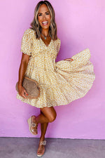 Load image into Gallery viewer, Yellow Floral Short Sleeve V Neck Frilly Tiered Mini Dress - Fashion Queen - 11