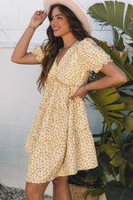 Load image into Gallery viewer, Yellow Floral Short Sleeve V Neck Frilly Tiered Mini Dress - Fashion Queen - 2