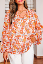 Load image into Gallery viewer, Fiery Red White Floral Print V Neck Long Puff Sleeve Top