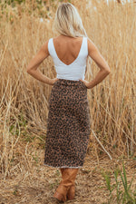 Load image into Gallery viewer, Brown Leopard Denim Frayed Split Denim Midi Skirt