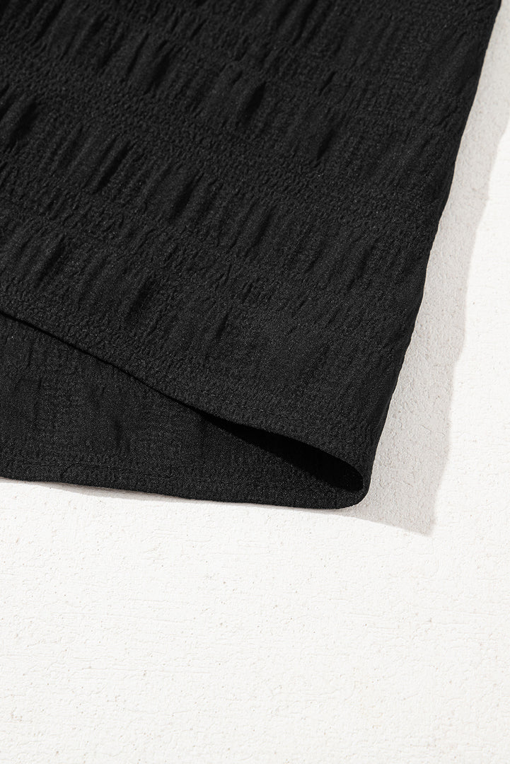 Black Textured Ruffled Sleeve Round Neck Top