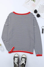 Load image into Gallery viewer, Fiery Red Contrast Trimmed Striped Drop Shoulder Sweater - Fashion Queen