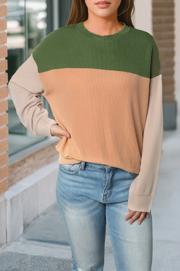 Multicolor Color Block Long Sleeve Ribbed Loose Top
